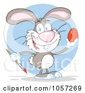 Royalty Free Vector Clip Art Illustration Of A Gray Easter Bunny Painting An Egg Over A Blue Circle