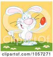 Royalty Free Vector Clip Art Illustration Of A White Easter Bunny Painting An Egg Outdoors