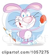 Royalty Free Vector Clip Art Illustration Of A Pink Easter Bunny Painting An Egg Over A Blue Circle