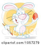 Royalty Free Vector Clip Art Illustration Of A White Easter Bunny Painting An Egg Over A Yellow Circle