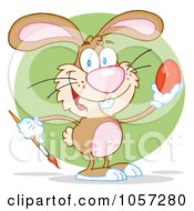 Royalty Free Vector Clip Art Illustration Of A Brown Easter Bunny Painting An Egg Over A Green Circle