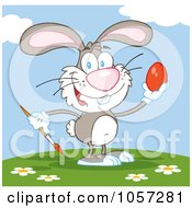 Royalty Free Vector Clip Art Illustration Of A Gray Easter Bunny Painting An Egg Outside