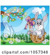 Royalty Free Vector Clip Art Illustration Of An Easter Bunny Sitting In A Basket In A Meadow