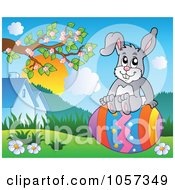 Royalty Free Vector Clip Art Illustration Of An Easter Bunny Sitting On An Egg In A Meadow