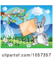 Royalty Free Vector Clip Art Illustration Of An Easter Bunny Holding A Blank Sign In A Meadow