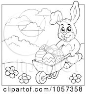 Royalty Free Vector Clip Art Illustration Of An Outline Of An Easter Bunny Pushing A Wheelbarrow Of Eggs
