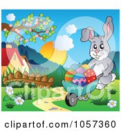 Royalty Free Vector Clip Art Illustration Of An Easter Bunny Pushing A Wheel Barrow Of Eggs