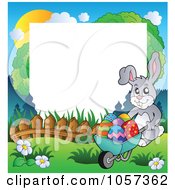 Royalty Free Vector Clip Art Illustration Of A Frame Of An Easter Bunny Pushing A Wheelbarrow Of Eggs