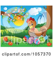 Royalty Free Vector Clip Art Illustration Of A Hen Sitting On Easter Eggs In A Spring Landscape