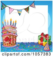 Poster, Art Print Of Birthday Frame Of A Cake With A Party Hat And Gift