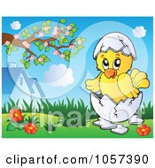 Royalty Free Vector Clip Art Illustration Of A Chick Hatching In A Spring Landscape