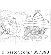 Royalty Free Vector Clip Art Illustration Of A Coloring Page Outline Of A Chinese Boat Near An Island by visekart