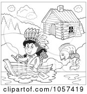 Poster, Art Print Of Coloring Page Outline Of A Native American Boating By A Cabin