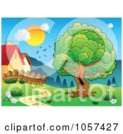 Poster, Art Print Of Birds And A Sun Over Houses And A Tree