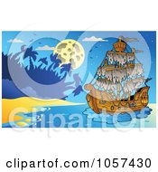 Poster, Art Print Of Mysterious Pirate Ship Near An Island At Night