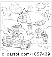 Royalty Free Vector Clip Art Illustration Of A Coloring Page Outline Of A Boy Boating Past A Campground