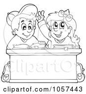 Royalty Free Vector Clip Art Illustration Of A Coloring Page Outline Of A School Boy And Girl Studying At A Desk