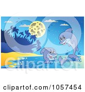 Royalty Free Vector Clip Art Illustration Of Two Playful Dolphins Near A Beach Under A Full Moon