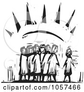 Royalty Free Vector Clip Art Illustration Of A Black And White Woodcut Styled Group Of People Under Sun Rays by xunantunich