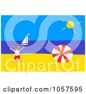 Royalty Free CGI Clip Art Illustration Of A Boy On A Beach By A Ball Looking At A Sailboat