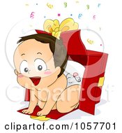 Royalty Free Vector Clip Art Illustration Of A Birthday Baby Climbing Out Of A Gift Box