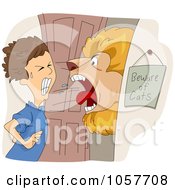 Lion Roaring At A Boy In A Doorway By A Beware Of Cats Sign