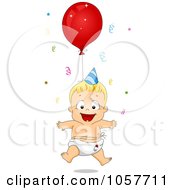 Royalty Free Vector Clip Art Illustration Of A Baby Birthday Boy Floating With A Balloon