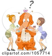 Royalty Free Vector Clip Art Illustration Of Two Women Marketing Cosmetics To A Person In A Dinosaur Suit