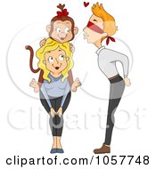 Royalty Free Vector Clip Art Illustration Of A Blindfolded Man Kissing A Monkey On A Womans Back