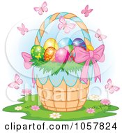 Poster, Art Print Of Royalty-Free Vector Clip Art Illustration Of Butterflies Over An Easter Basket Full Of Eggs