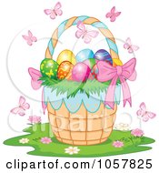 Poster, Art Print Of Pink Bow On An Easter Basket Full Of Eggs Surrounded By Butterflies