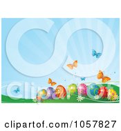 Royalty Free Vector Clip Art Illustration Of A Blue Easter Background With Butterflies Over Eggs In Hills