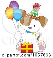 Poster, Art Print Of Puppy Sitting With A Birthday Gift And Balloons