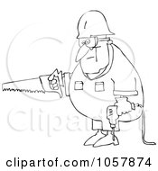 Poster, Art Print Of Coloring Page Outline Of A Worker Man Carrying A Saw And Drill
