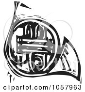 Black And White Woodcut Styled French Horn
