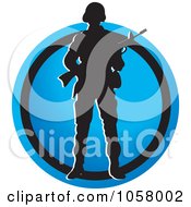 Royalty Free Vector Clip Art Illustration Of A Silhouetted Soldier With A Weapon Over A Blue Circle by Lal Perera