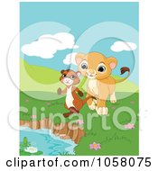 Poster, Art Print Of Happy Little Lion Following A Ferret To A Pond