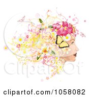 Profiled Womans Face With Floral Butterfly And Grunge Hair