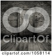 Royalty Free CGI Clip Art Illustration Of A Grungy 3d Prison Cell Door In A Brick Wall With Wood Floors