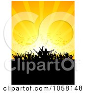 Royalty Free Vector Clip Art Illustration Of A Silhouetted Crowd Dancing Against A Sunset With Music Notes