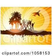 Silhouetted Dancers And Palm Tree On Grunge Under A Plan On Sun Rays
