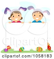 Poster, Art Print Of Easter Kids With Bunny Ears Over A Blank Sign