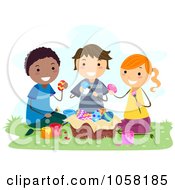 Poster, Art Print Of Easter Children Painting Eater Eggs Outdoors