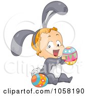 Poster, Art Print Of Toddler In A Bunny Costume Playing With Easter Eggs