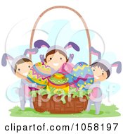 Poster, Art Print Of Easter Kids In Bunny Costumes Putting Eggs In A Basket