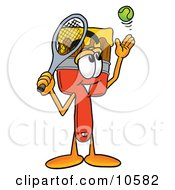 Paint Brush Mascot Cartoon Character Preparing To Hit A Tennis Ball by Mascot Junction