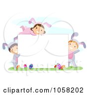 Poster, Art Print Of Easter Kids In Bunny Costumes Around A Blank Sign