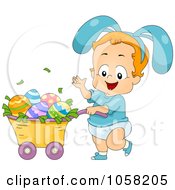 Poster, Art Print Of Easter Boy Wearing Bunny Ears And Pushing Eggs In A Wheelbarrow