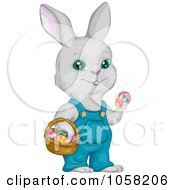 Poster, Art Print Of Easter Bunny Wearing Overalls And Holding A Basket And Egg