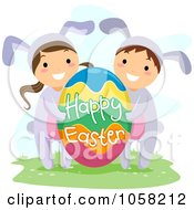Poster, Art Print Of Easter Kids In Bunny Costumes Carrying A Happy Easter Egg